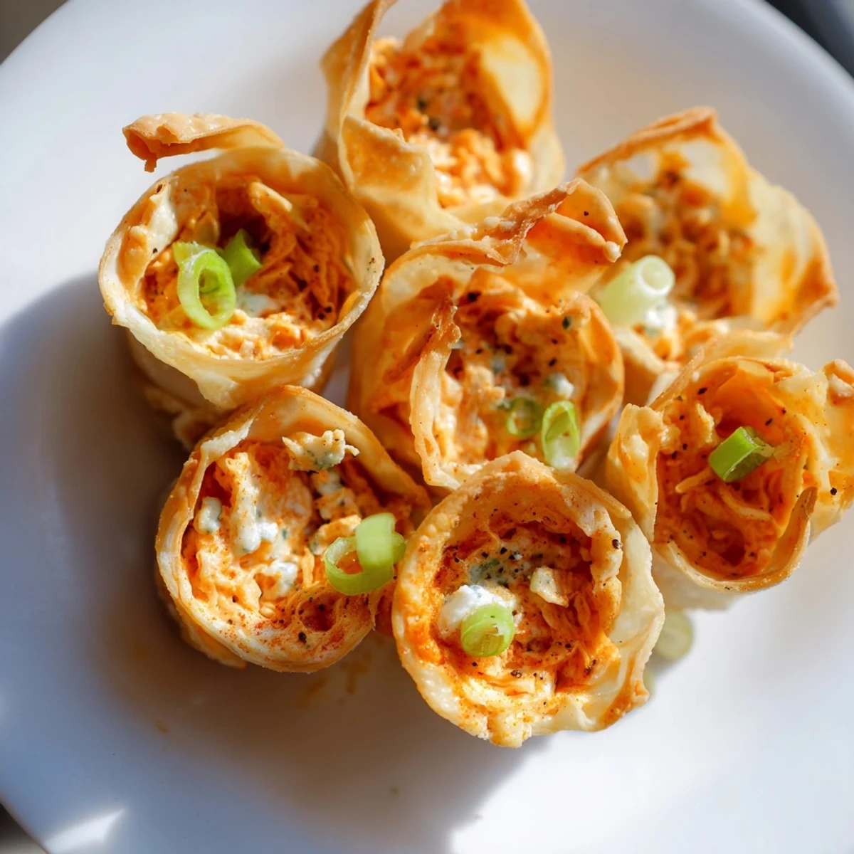 Close-up of baked Buffalo Chicken Dip Pinwheel Wontons, a savory appetizer with melted cheese and spicy kick.