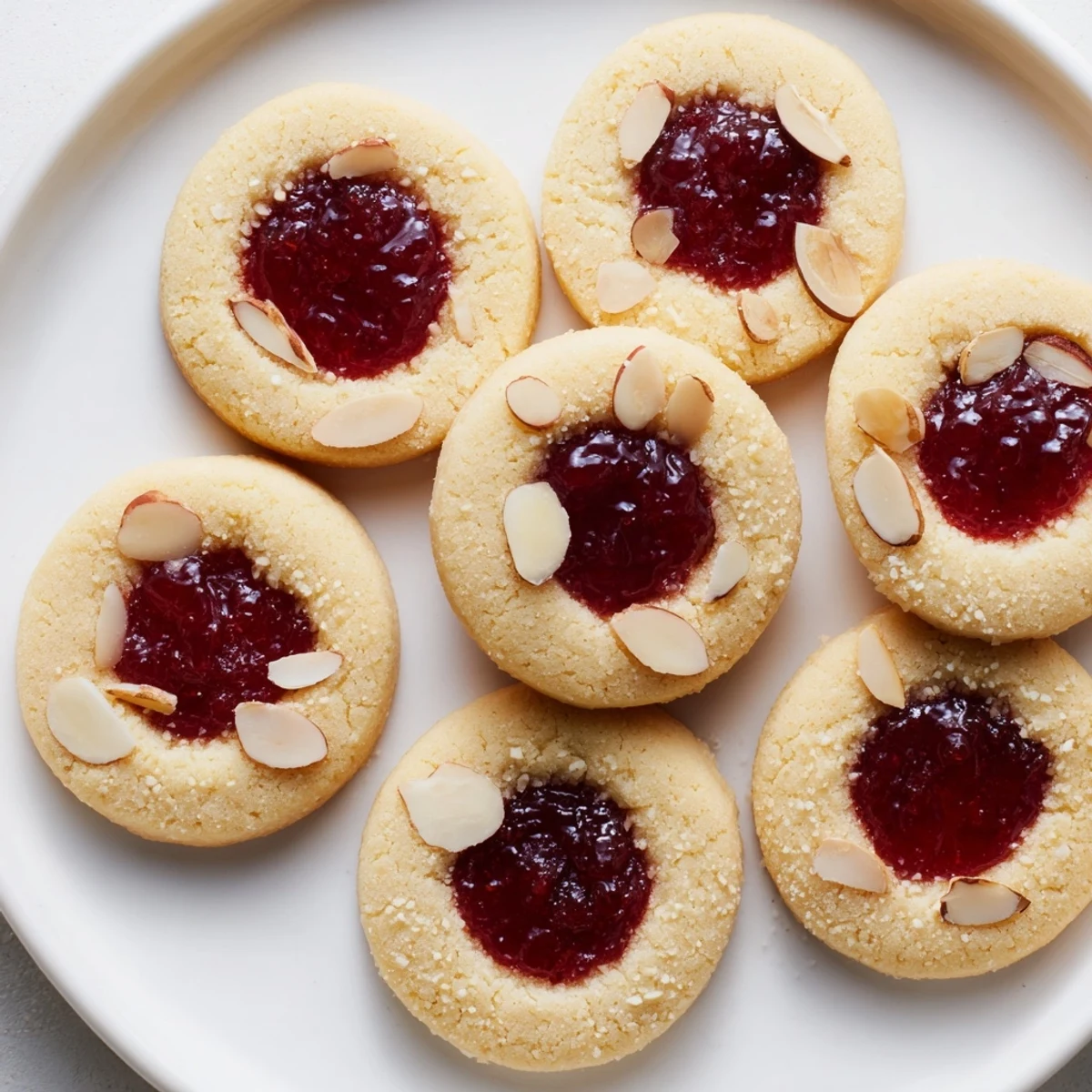 Warm, golden Cherry Almond Thumbprint Cookies, filled with vibrant red cherry jam and ready to enjoy.