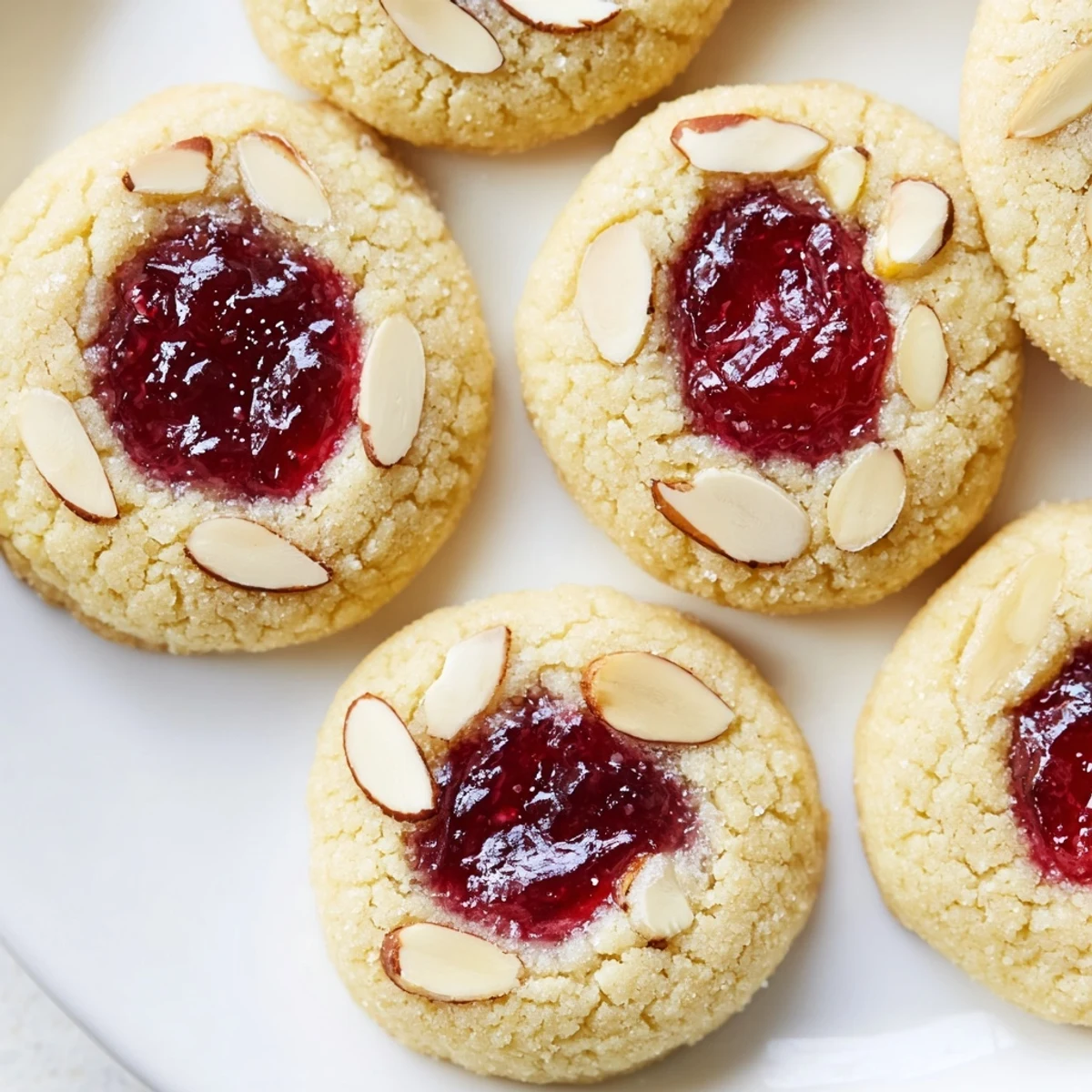 Close-up of freshly baked Cherry Almond Thumbprint Cookies with glistening cherry filling, perfect for a treat.