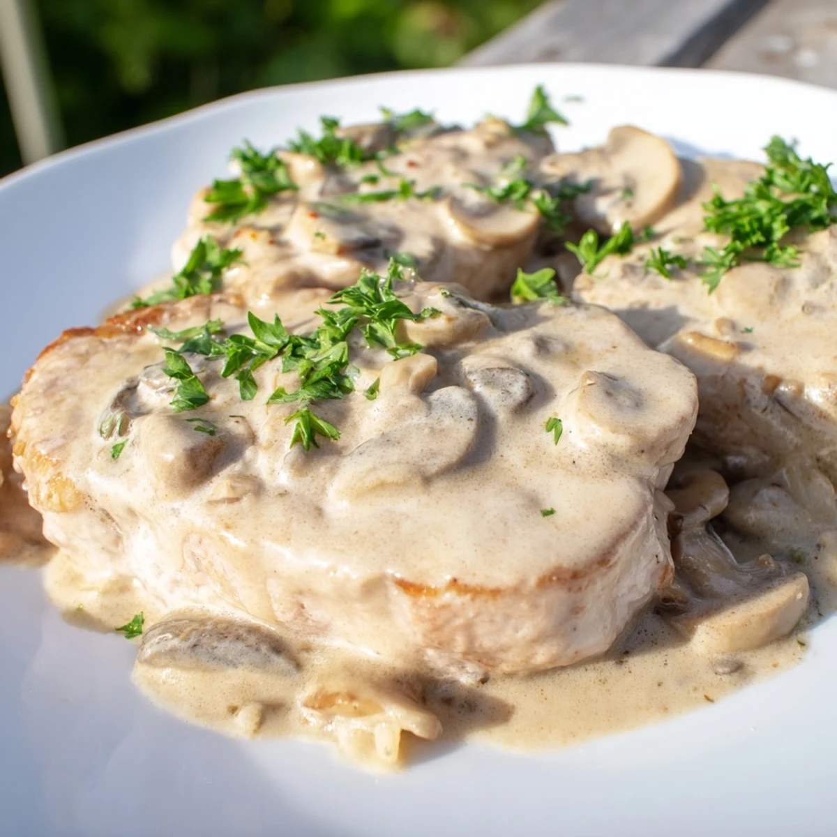 Steaming plate of Stove Top Pork Chops featuring a rich, flavorful mushroom sauce and fresh parsley.