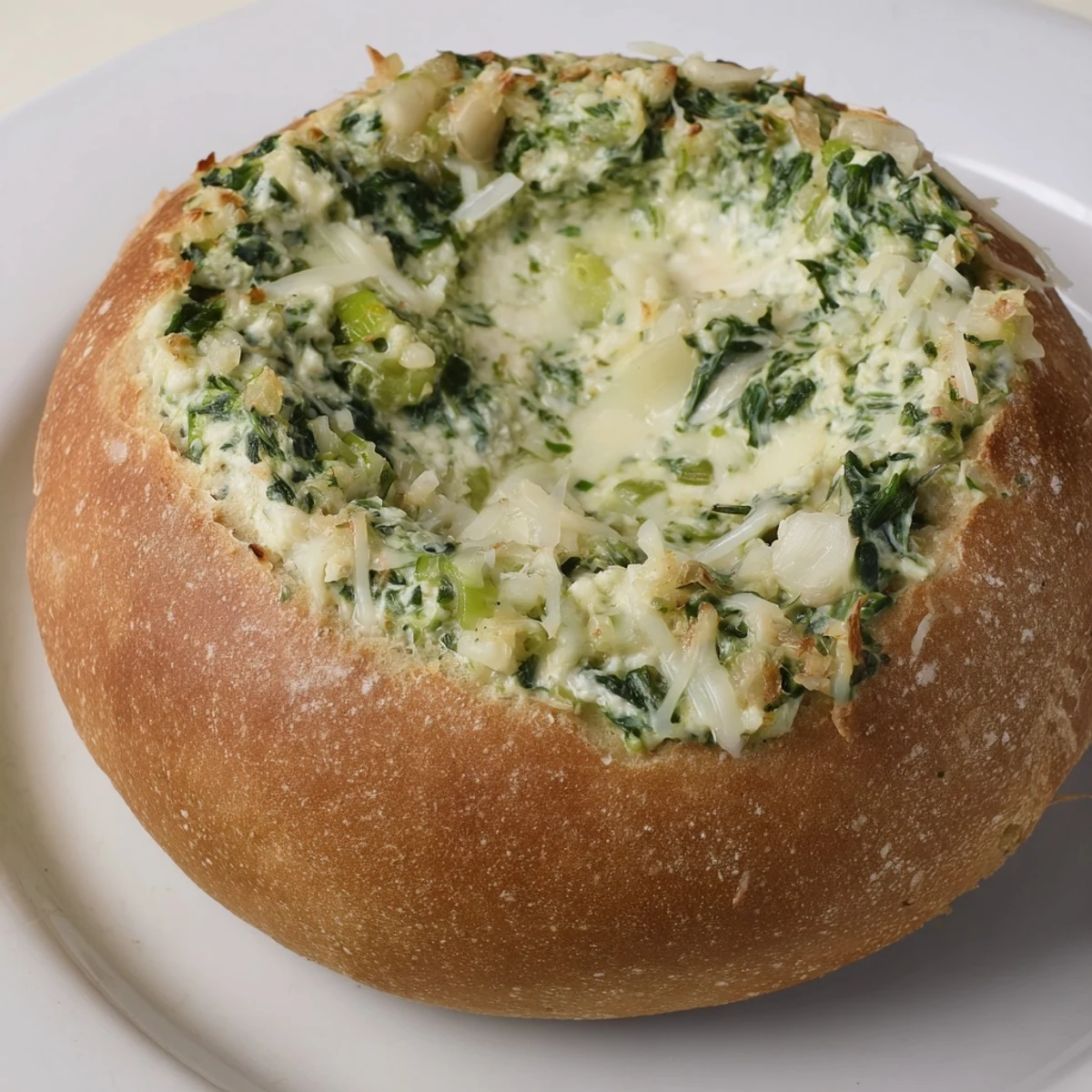 Steaming Best-Ever Spinach Dip in a bread bowl, ready to devour with fresh veggie sticks.