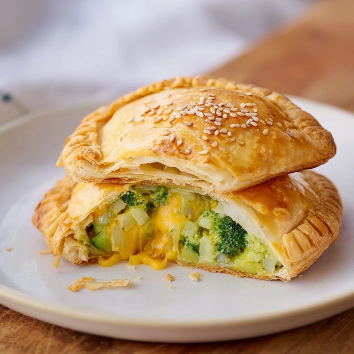 Flaky, golden Broccoli Cheddar Quiche-less Hand Pies—savory bites packed with cheesy, veggie goodness.