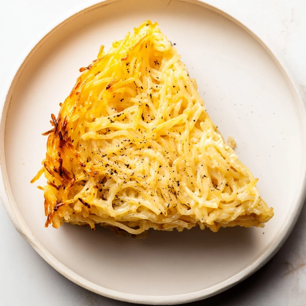 Golden-brown Cacio e Pepe Pasta Pie, crispy outside, oozing cheesy goodness, perfect for sharing.