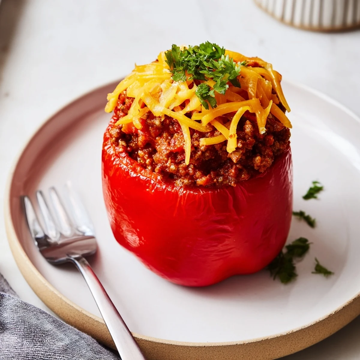 Melted cheese bubbles atop these vibrant Sloppy Joe Stuffed Bell Peppers, a hearty American dinner served hot.