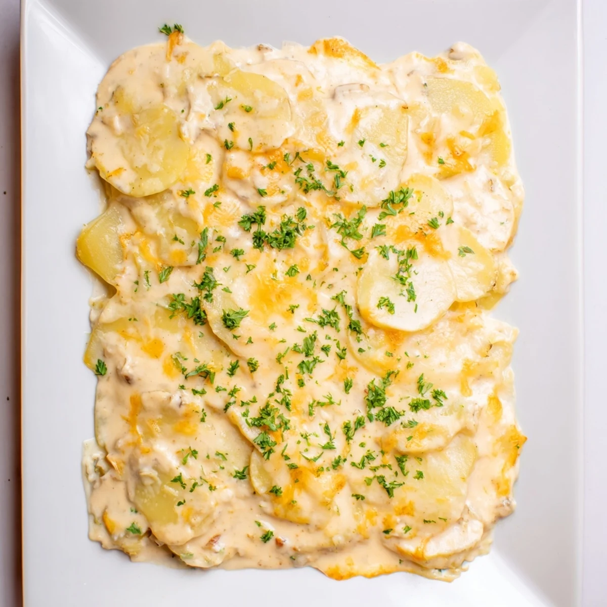Golden, bubbly Cheesy Scalloped Potatoes fresh from the oven, offering a taste of Southern comfort.