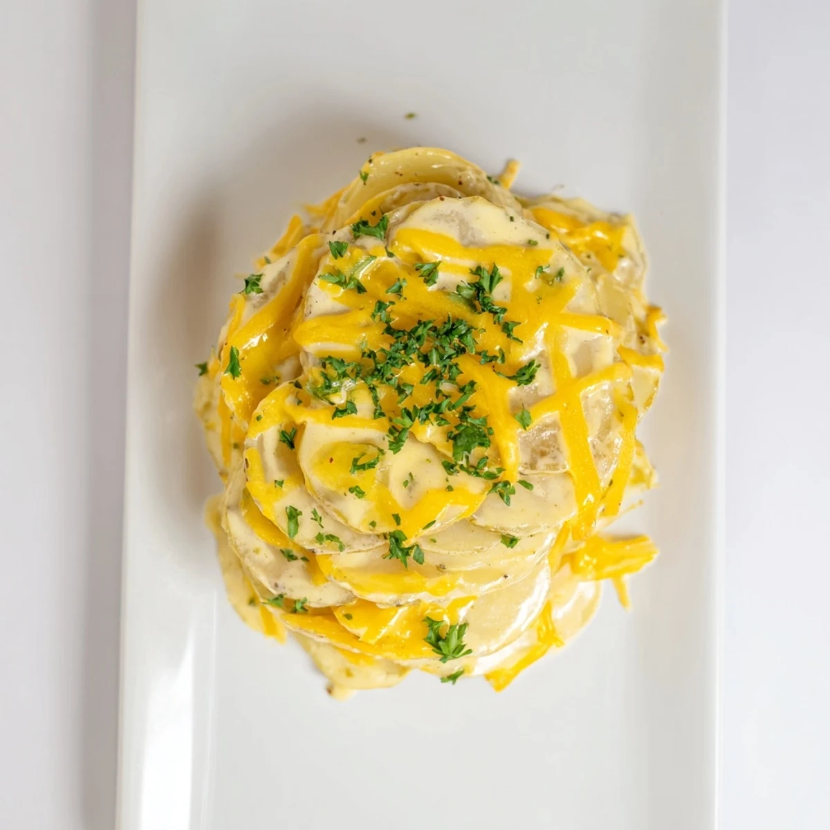Close-up of a bubbling casserole of Cheesy Scalloped Potatoes, perfect for a cozy, family dinner.