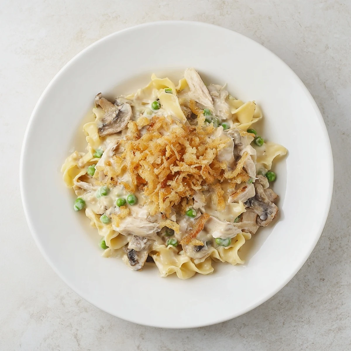 A warm, homestyle serving of Creamy Tuna Noodle Casserole, complete with crispy onion topping.