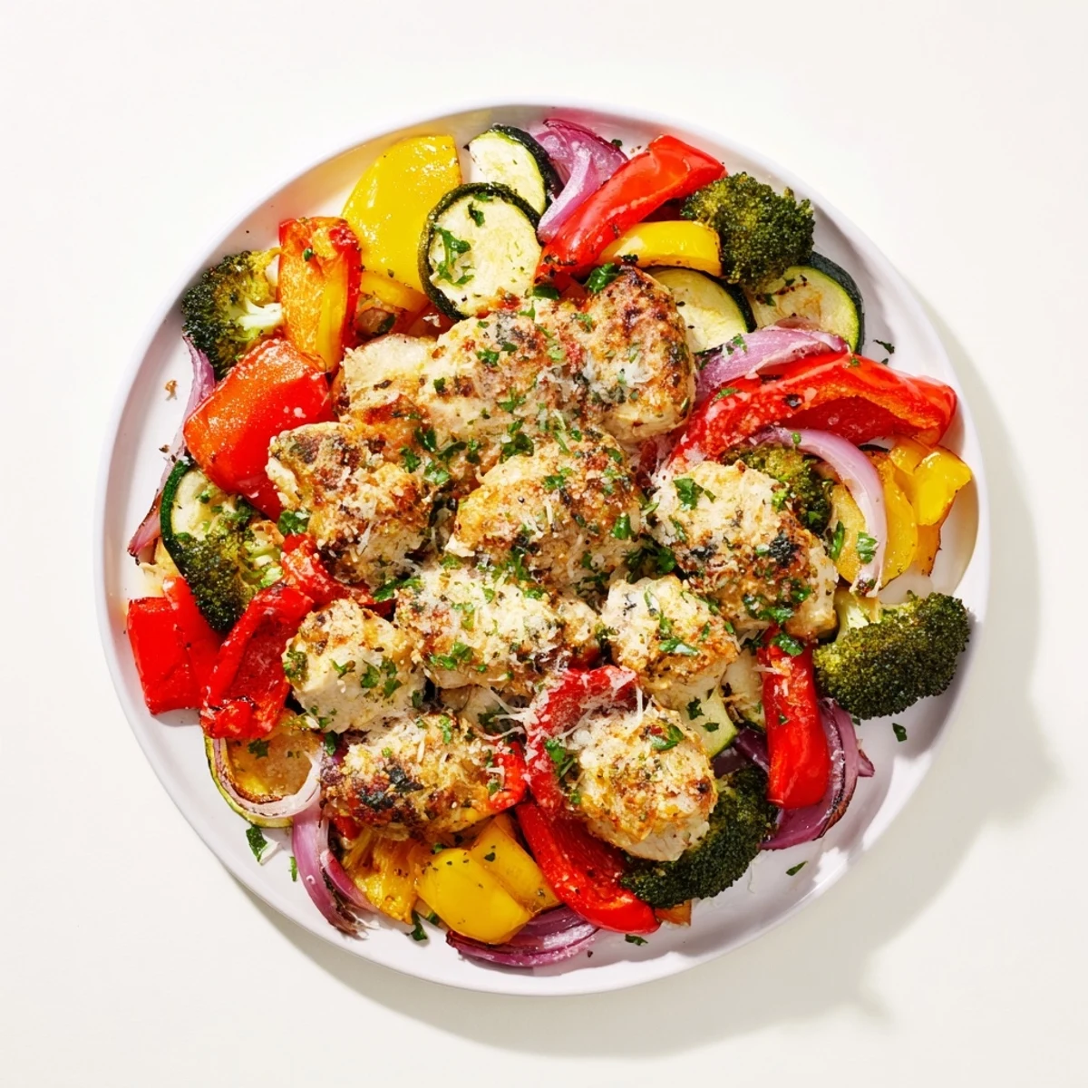 Golden, crispy Garlic Parmesan Chicken Bites on a sheet pan with roasted vibrant vegetables for dinner.
