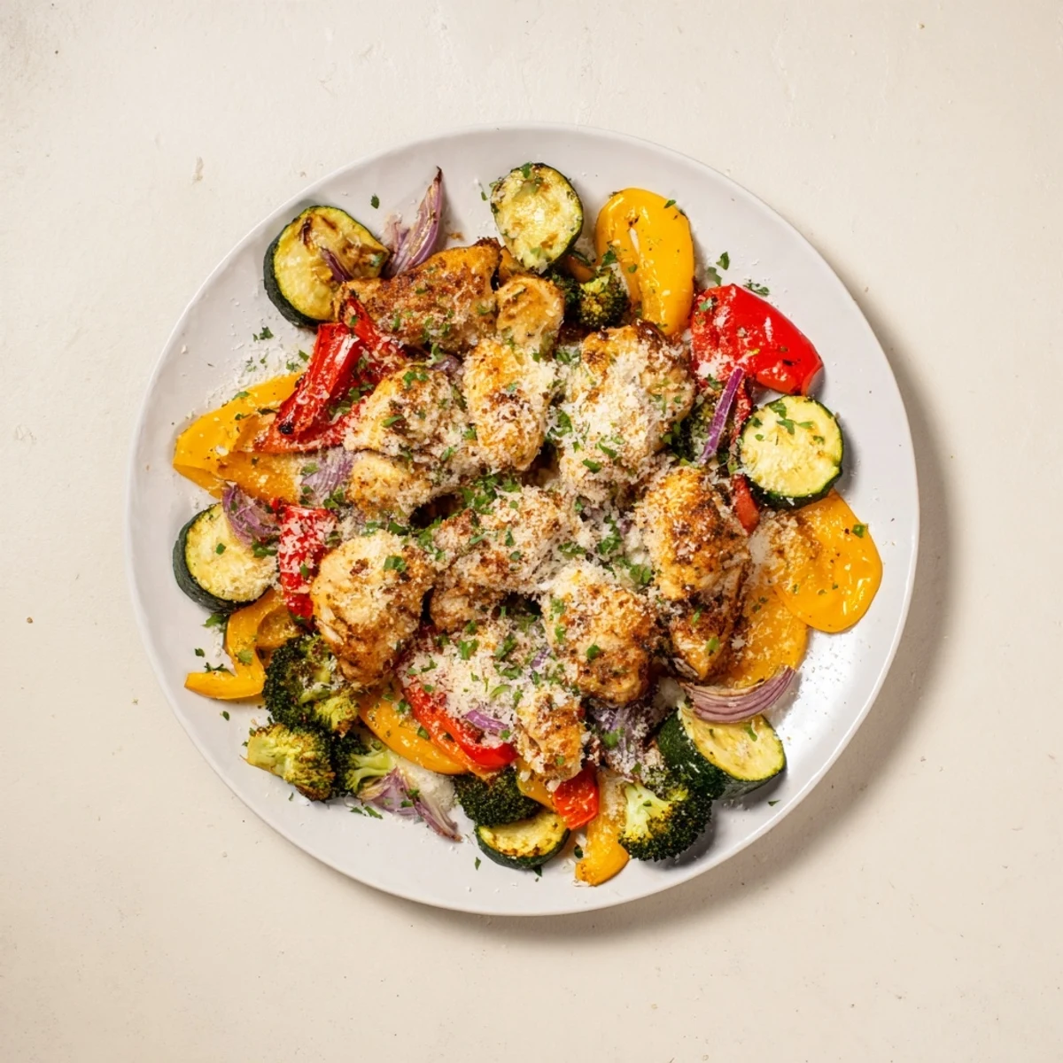 Oven-roasted Garlic Parmesan Chicken Bites, wonderfully browned, alongside colorful bell peppers, zucchini, and red onion.