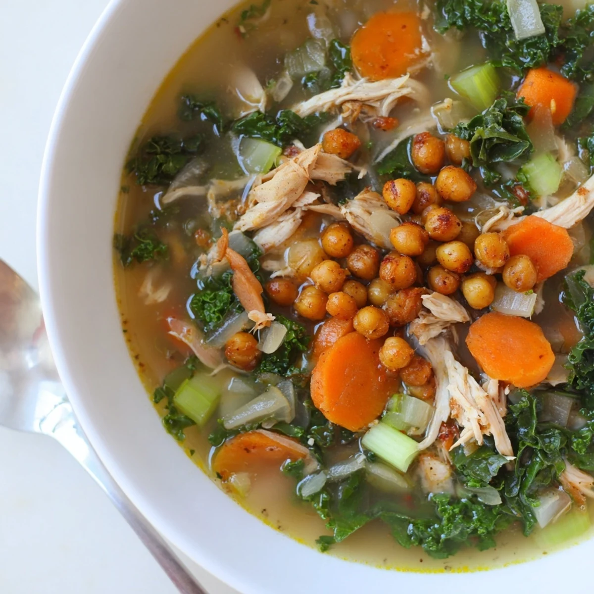 A steamy bowl of Chicken Kale Soup with crispy chickpeas, a vibrant, healthy meal.