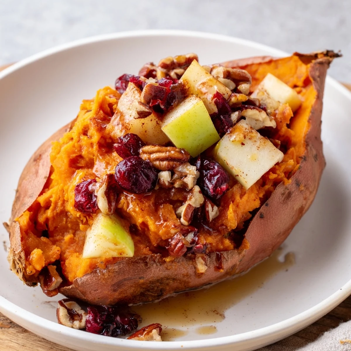 Golden-brown Cranberry Apple Twice-Baked Sweet Potatoes, bursting with fall flavors and served warm.