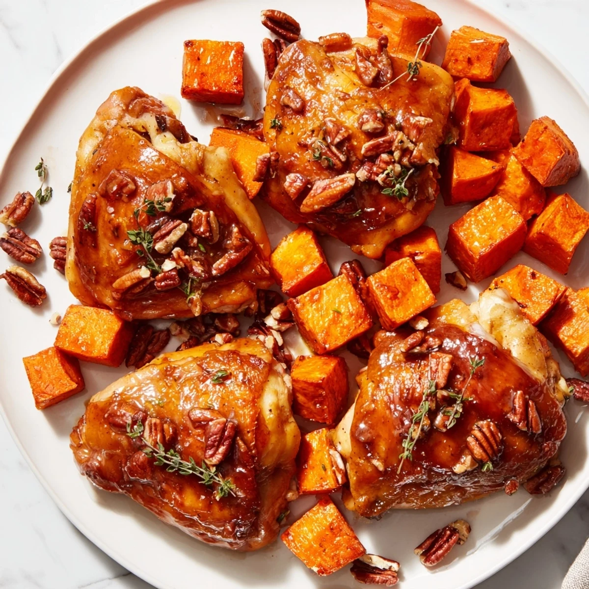 Golden, glazed maple chicken thighs with tender sweet potatoes, perfect alongside the beautiful American dish.