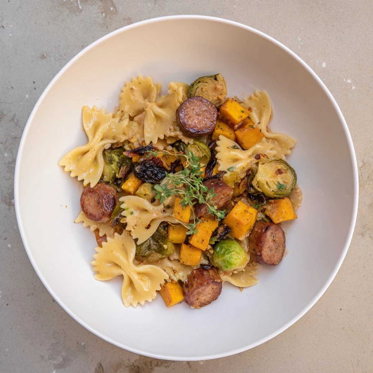 Golden roasted butternut squash and sausage mingle in this comforting Autumn Sausage Pasta Squash dish.