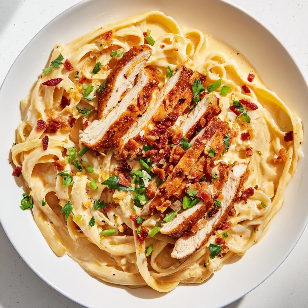 Southern Style Creamy Parmesan Chicken Pasta, with golden, seared chicken and a rich, parmesan sauce inviting a satisfying meal.