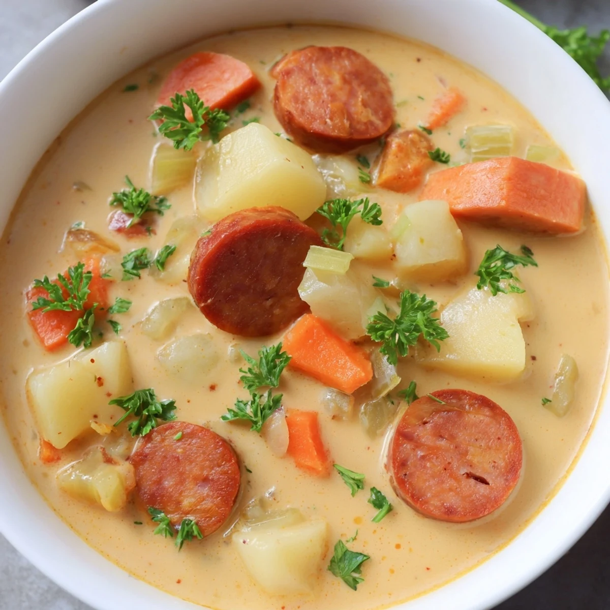 Creamy Chorizo Potato Soup, a hearty bowl, showcasing spicy chorizo and creamy, chunky potatoes.