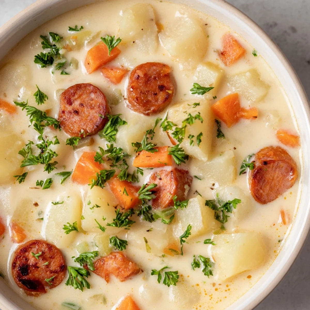 A steaming bowl of Creamy Chorizo Potato Soup, garnished with parsley, ready for a cozy meal.