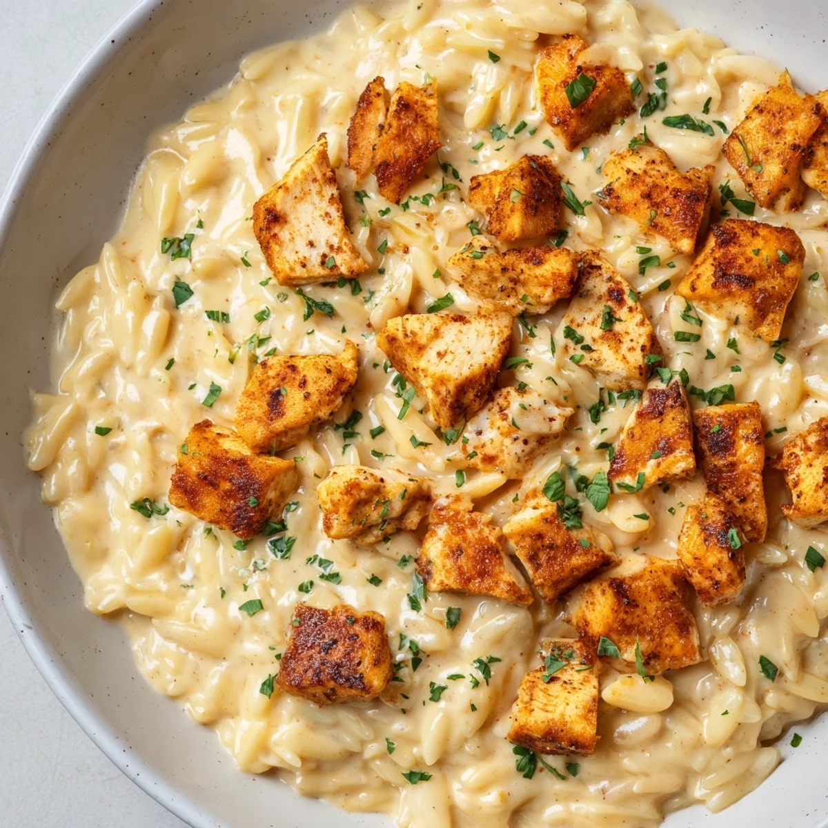 Creamy One-Pot Cajun Chicken Alfredo Orzo with tender chicken and al dente pasta, a flavorful delight.