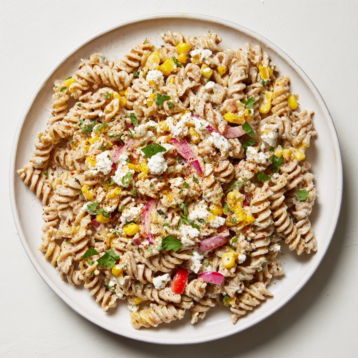 Close-up of Healthier Mexican Street Corn Pasta Salad with charred corn, ready to enjoy.
