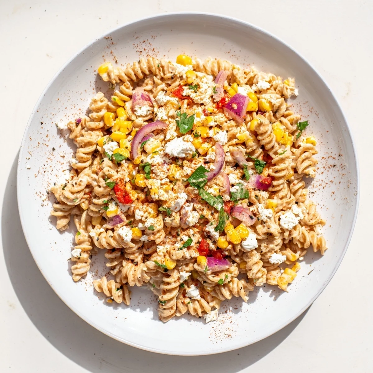A bowl of Healthier Mexican Street Corn Pasta Salad showing vibrant colors and fresh herbs.
