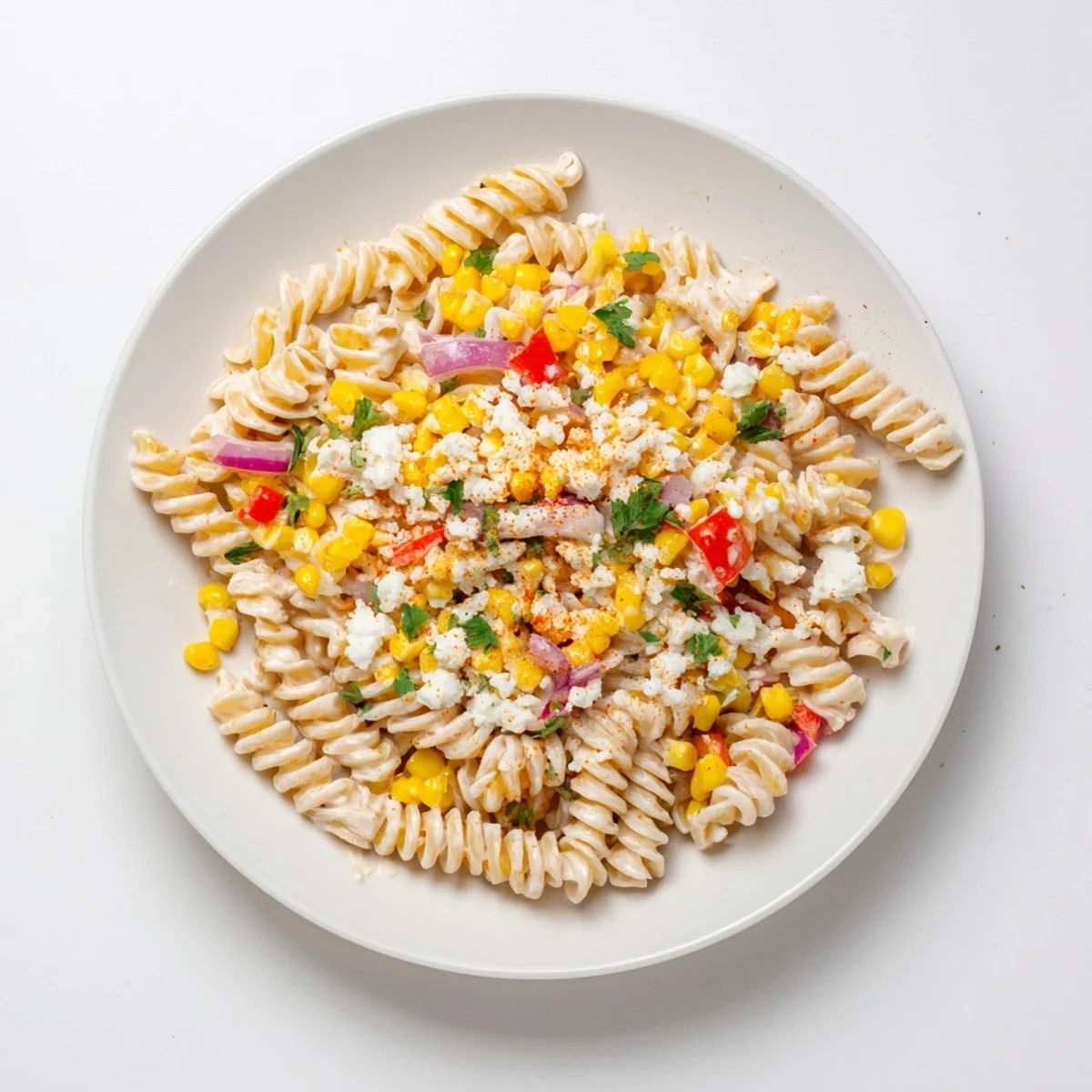 Vivid colors in Healthier Mexican Street Corn Pasta Salad, a delicious vegetarian meal.