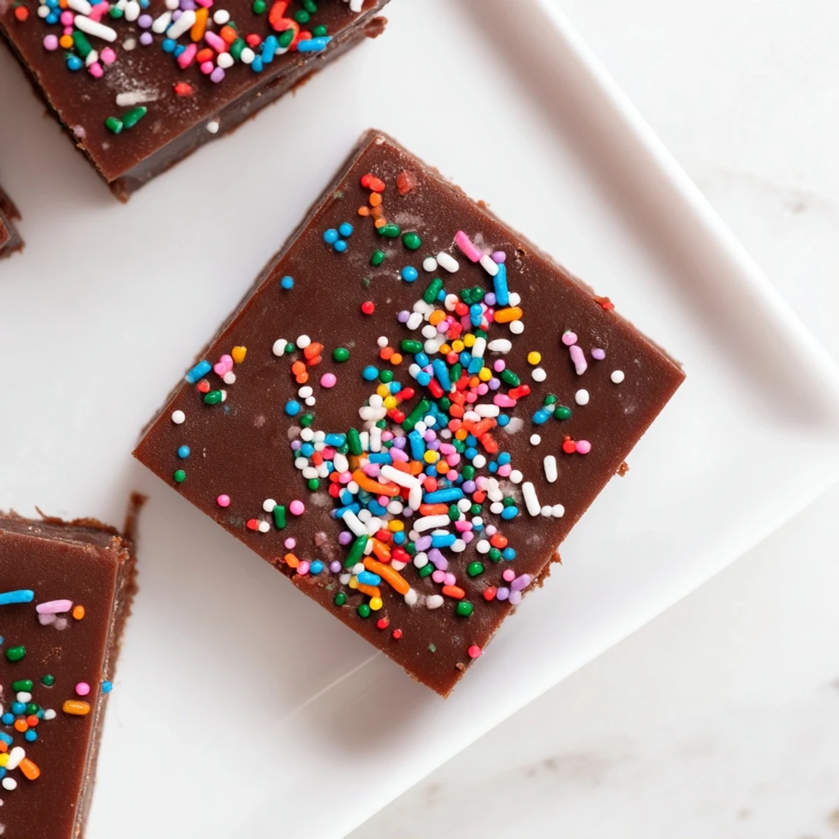 Chilled 3-Ingredient Christmas Fudge Squares, showcasing smooth chocolate with a vibrant sprinkle topping, irresistibly delicious.