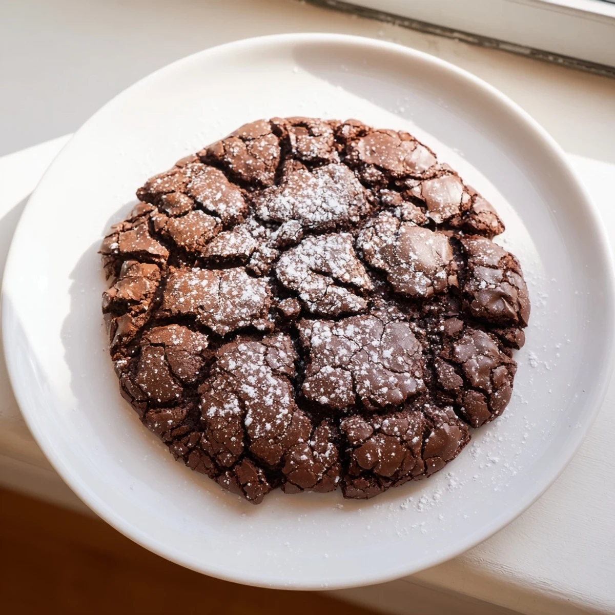 Warm, air-fried chocolate crinkle cookies, crackled and dusted with powdered sugar, ready to eat.