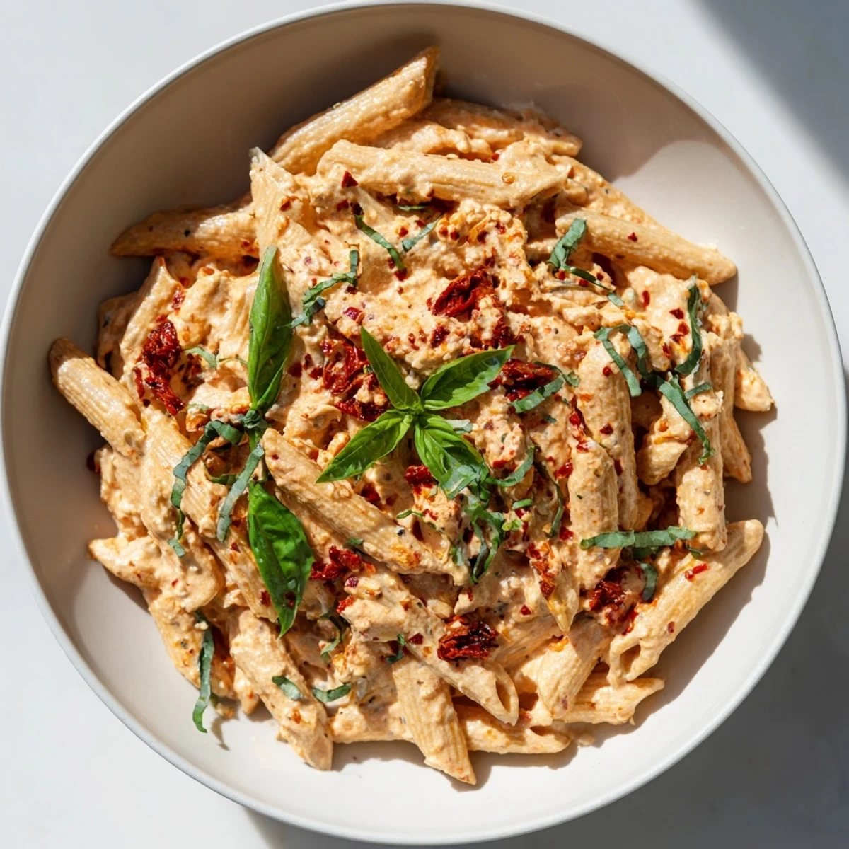 Vibrant close-up of Sun-Dried Tomato & Cottage Cheese Pasta Sauce, creamy and ready to coat pasta.