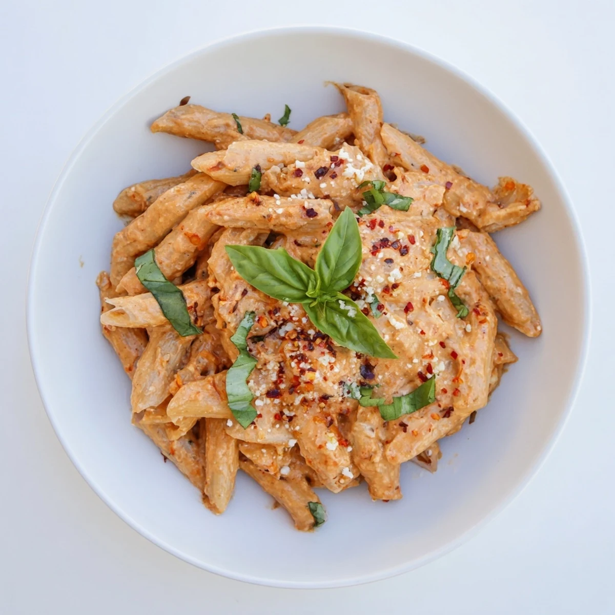 Freshly made Sun-Dried Tomato & Cottage Cheese Pasta Sauce, served with pasta and garnished basil.