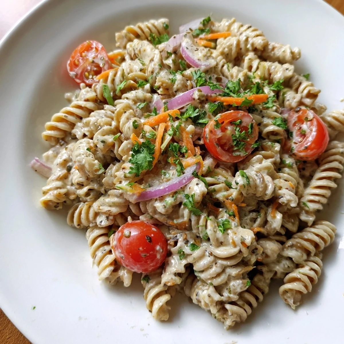 Vegan Hemp Seed Ranch Pasta Salad: a colorful mix of pasta, veggies, and creamy dressing, perfect for a picnic.