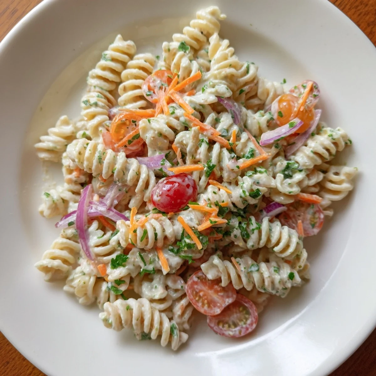 Enjoy a bowl of refreshing Vegan Hemp Seed Ranch Pasta Salad, loaded with vibrant fresh vegetables and tender pasta shells.