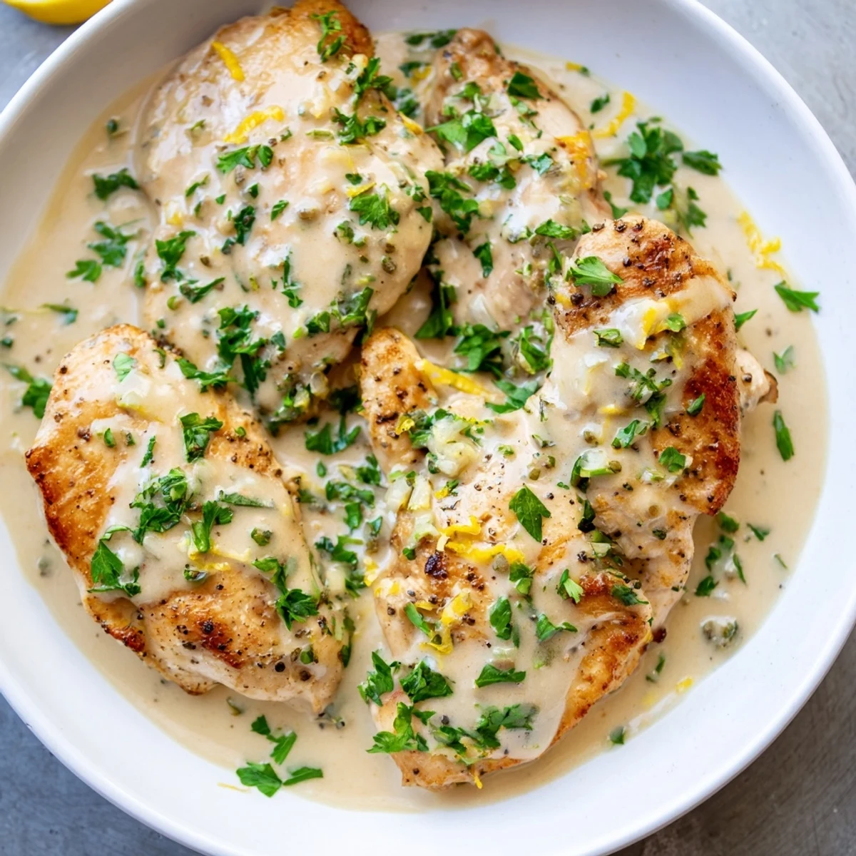 Tender Lighter Creamy Tarragon Chicken breasts in a luscious sauce, ready to serve with fresh tarragon.