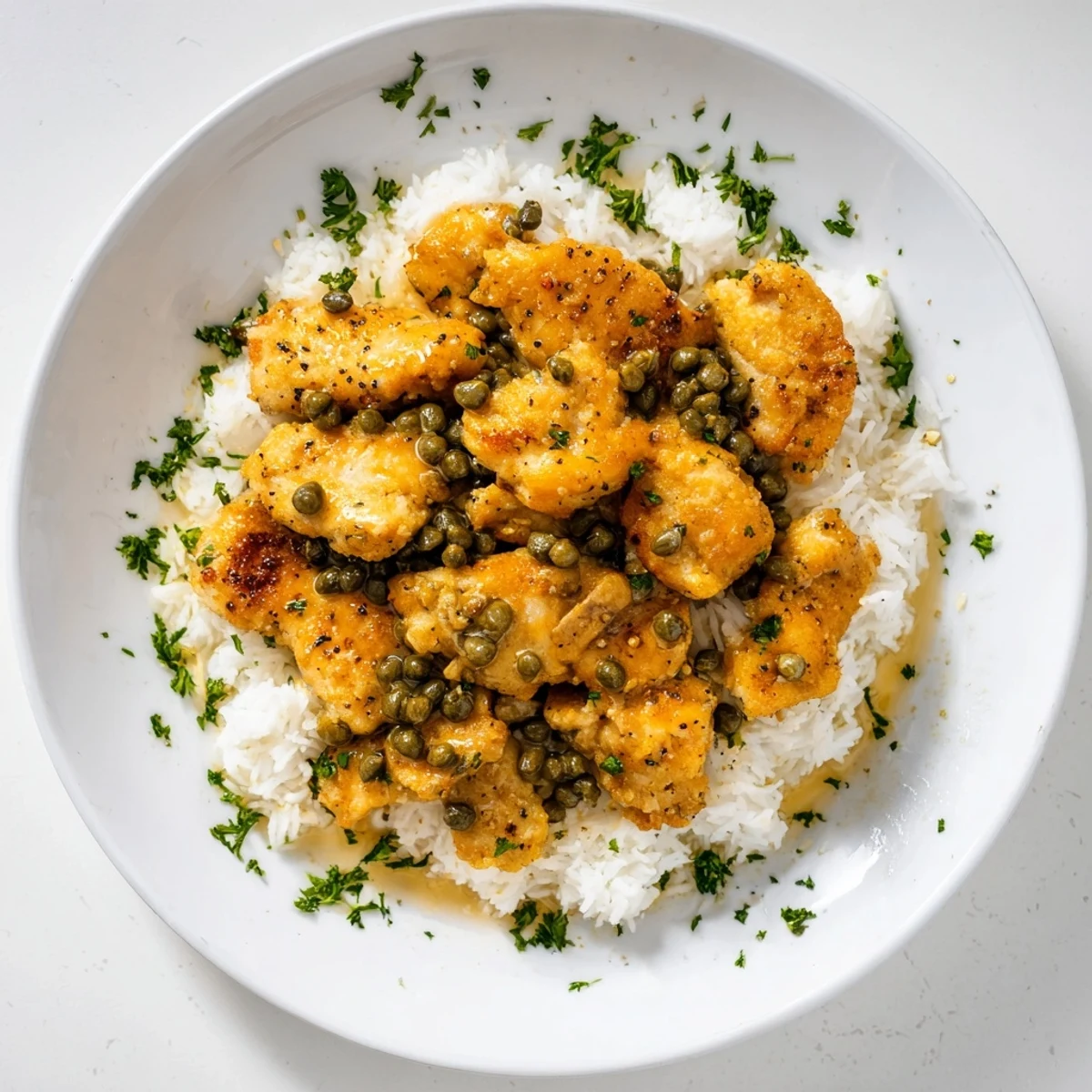 Tender Express Chicken Piccata Rice Bowl, with glistening chicken and vibrant lemon sauce, ready to be devoured.