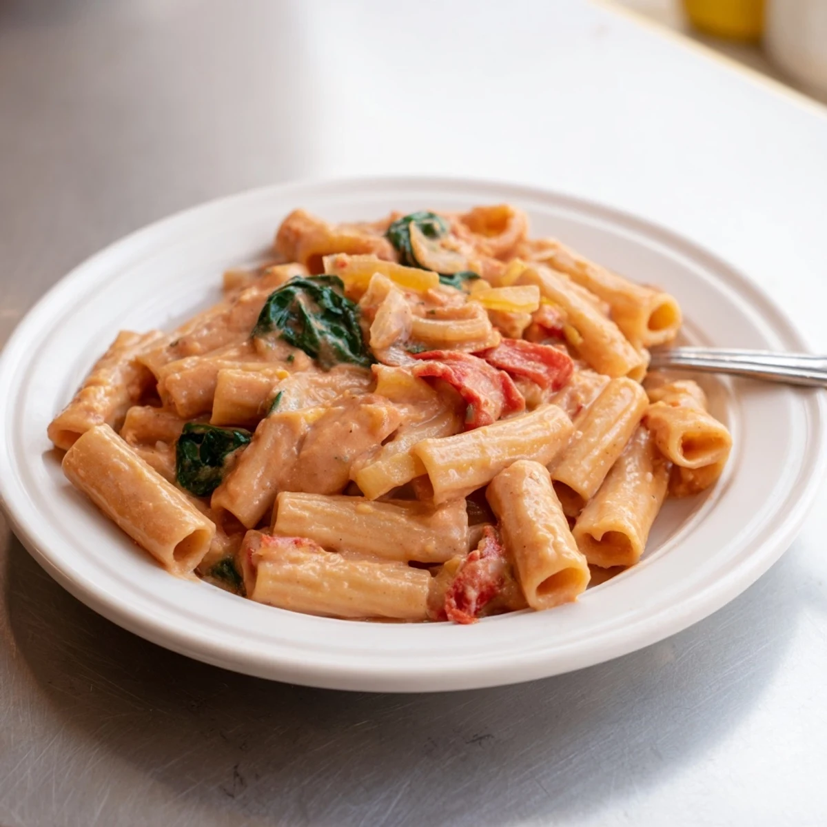 Lightened-Up Vodka Rosé Christmas Pasta: creamy, vibrant pasta with spinach and red peppers, ready to serve!
