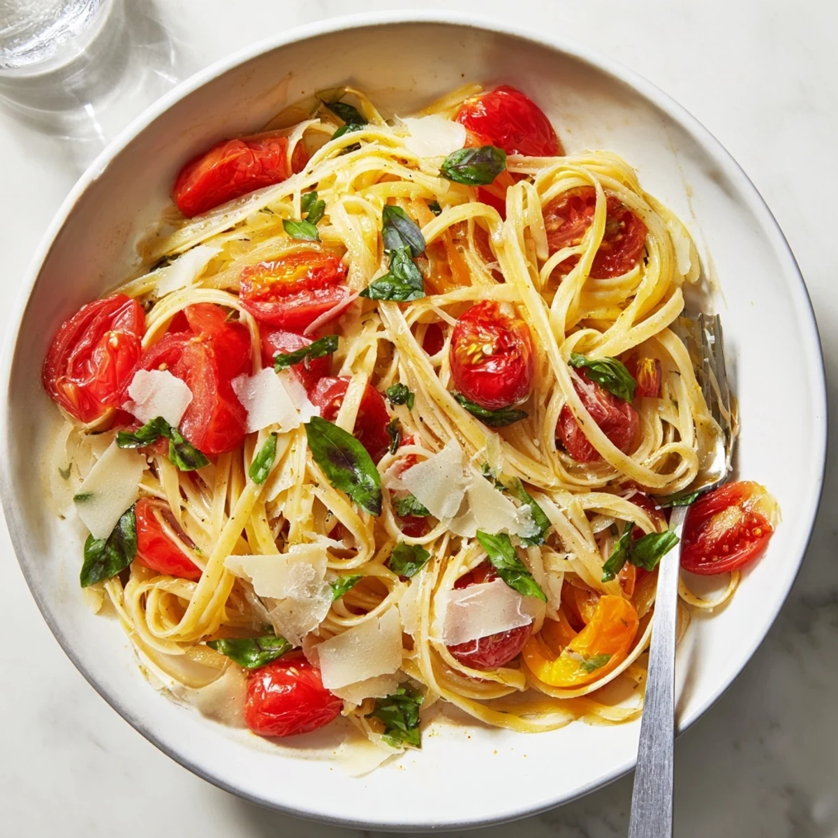 A close-up of a delightful bowl of Cozy Fireplace One-Pan Tomato Basil Pasta, garnished with extra basil.