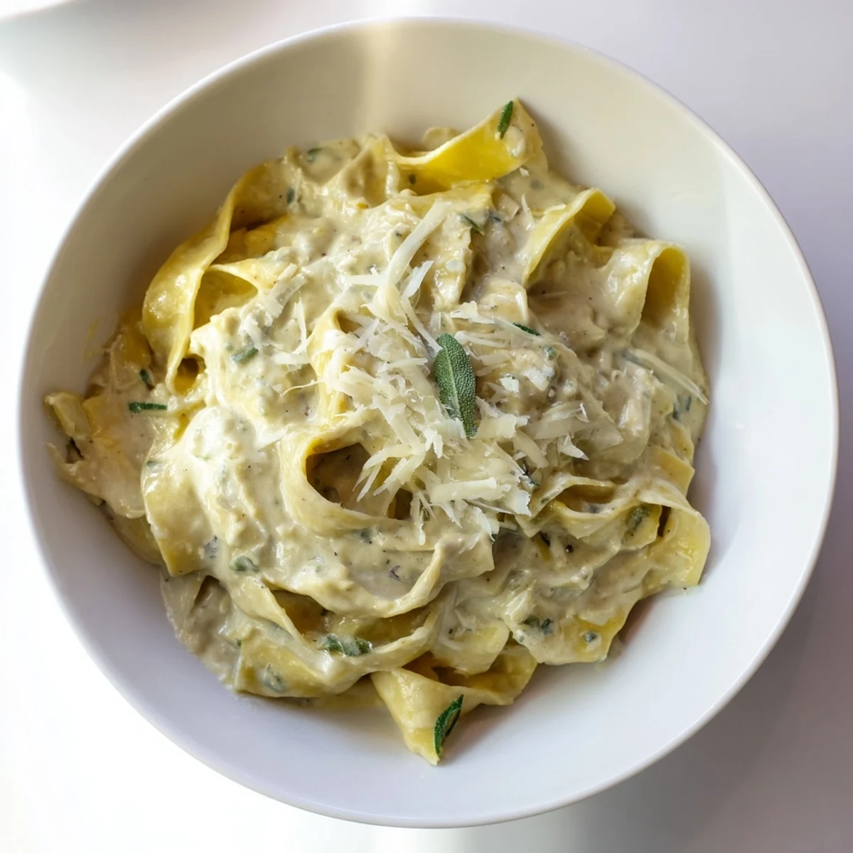 Creamy Healthy Pumpkin Sage Pasta topped with fresh sage, ready for a warm holiday dinner.