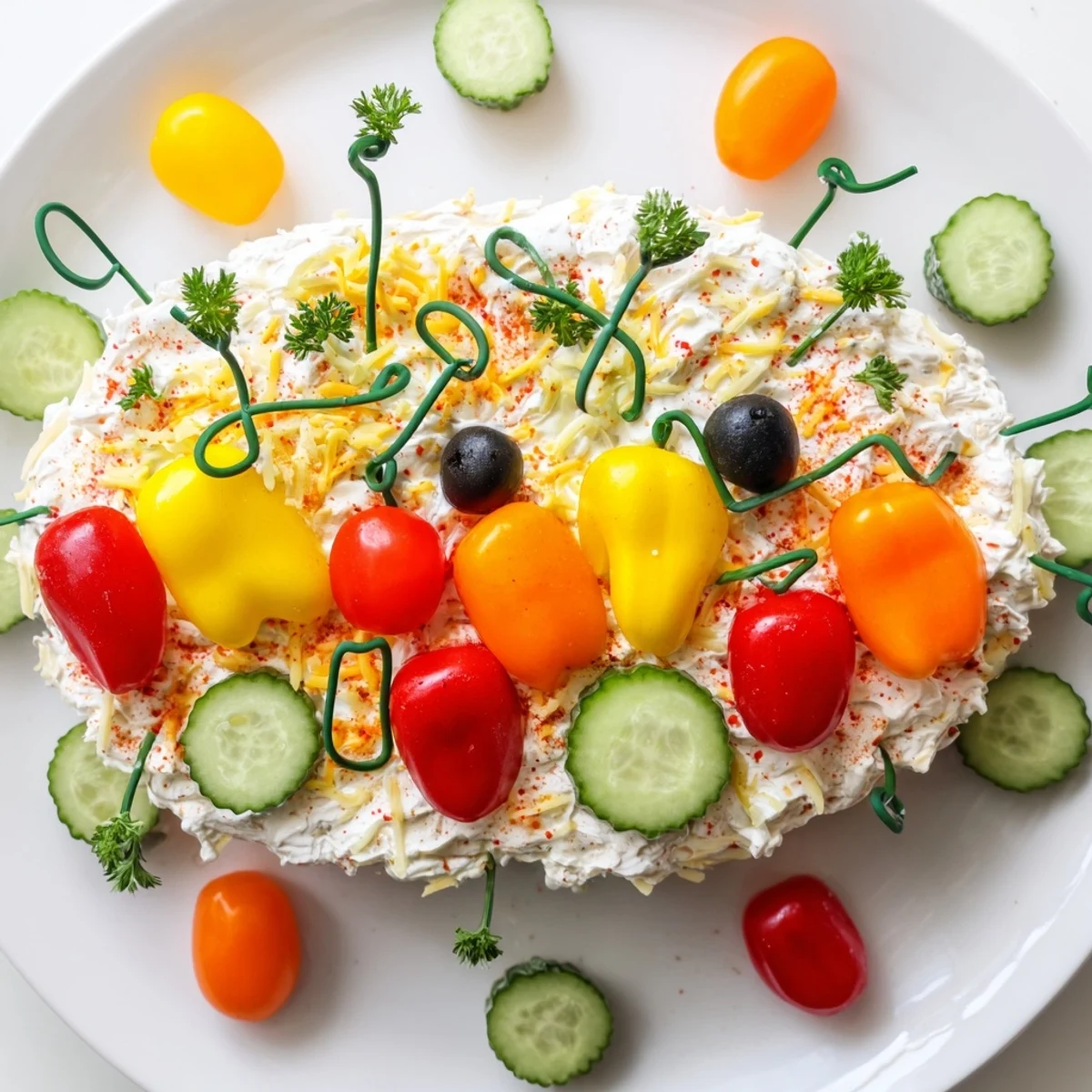 Vibrant Christmas Lights Appetizer arranged on a platter, ready to be enjoyed with crackers.