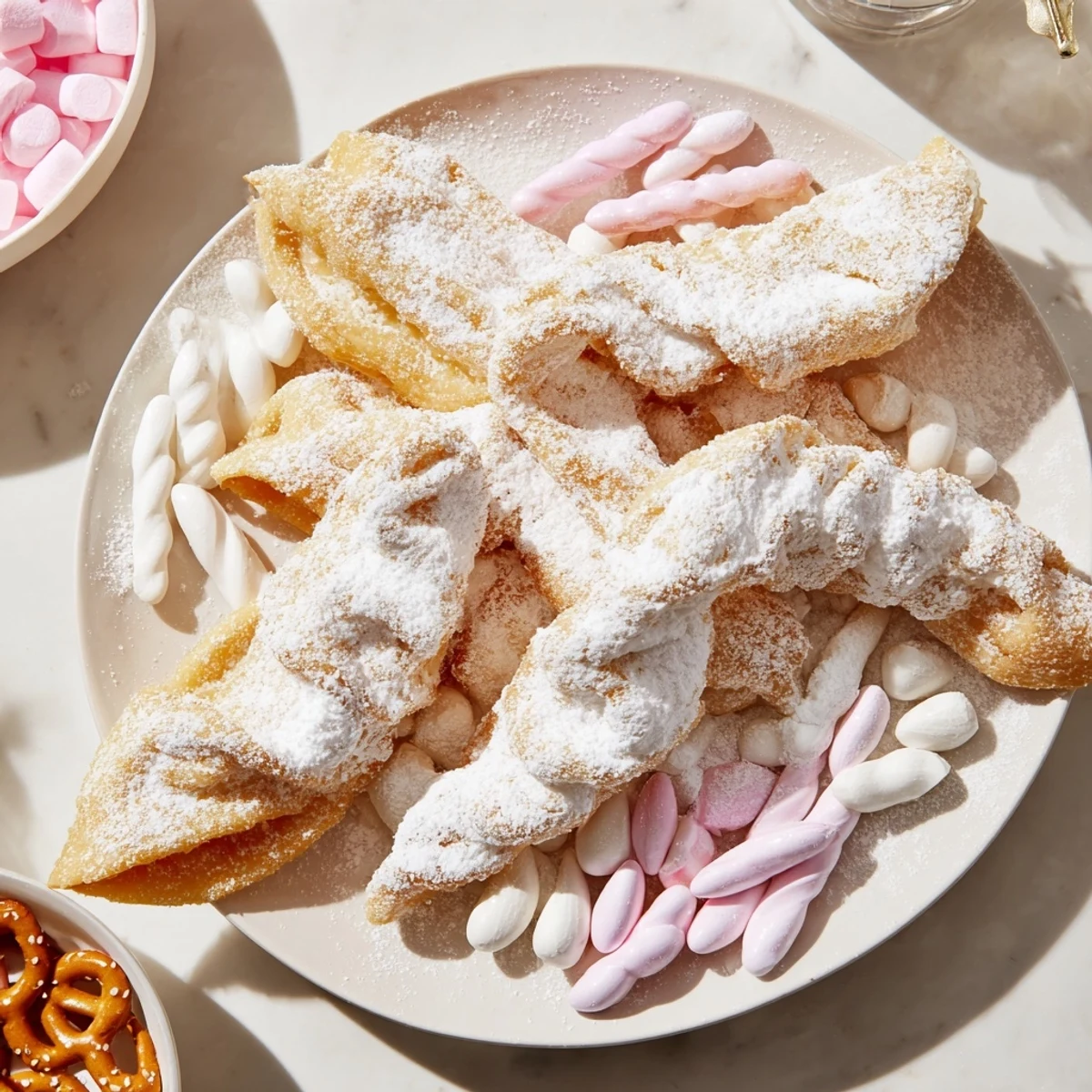 Vibrant Angel Wings Candy Board featuring crispy Polish faworki, juicy fruit, and sweet dips perfect for sharing.
