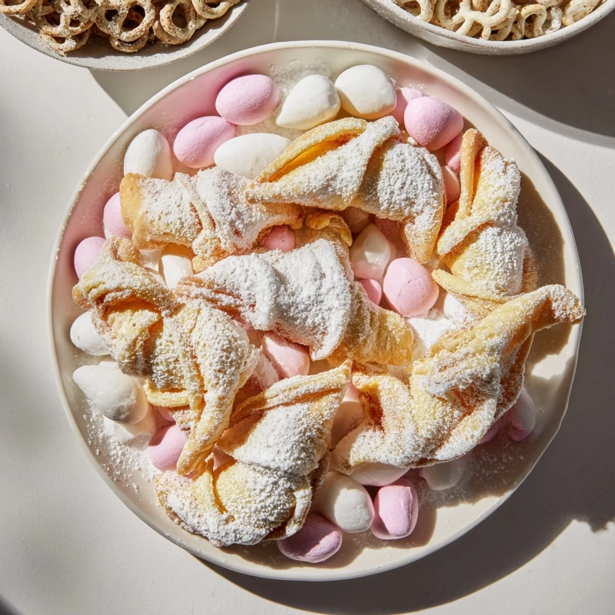 A festive dessert: Observe golden-fried Angel Wings candy alongside colorful candies and fresh berries ready to enjoy.