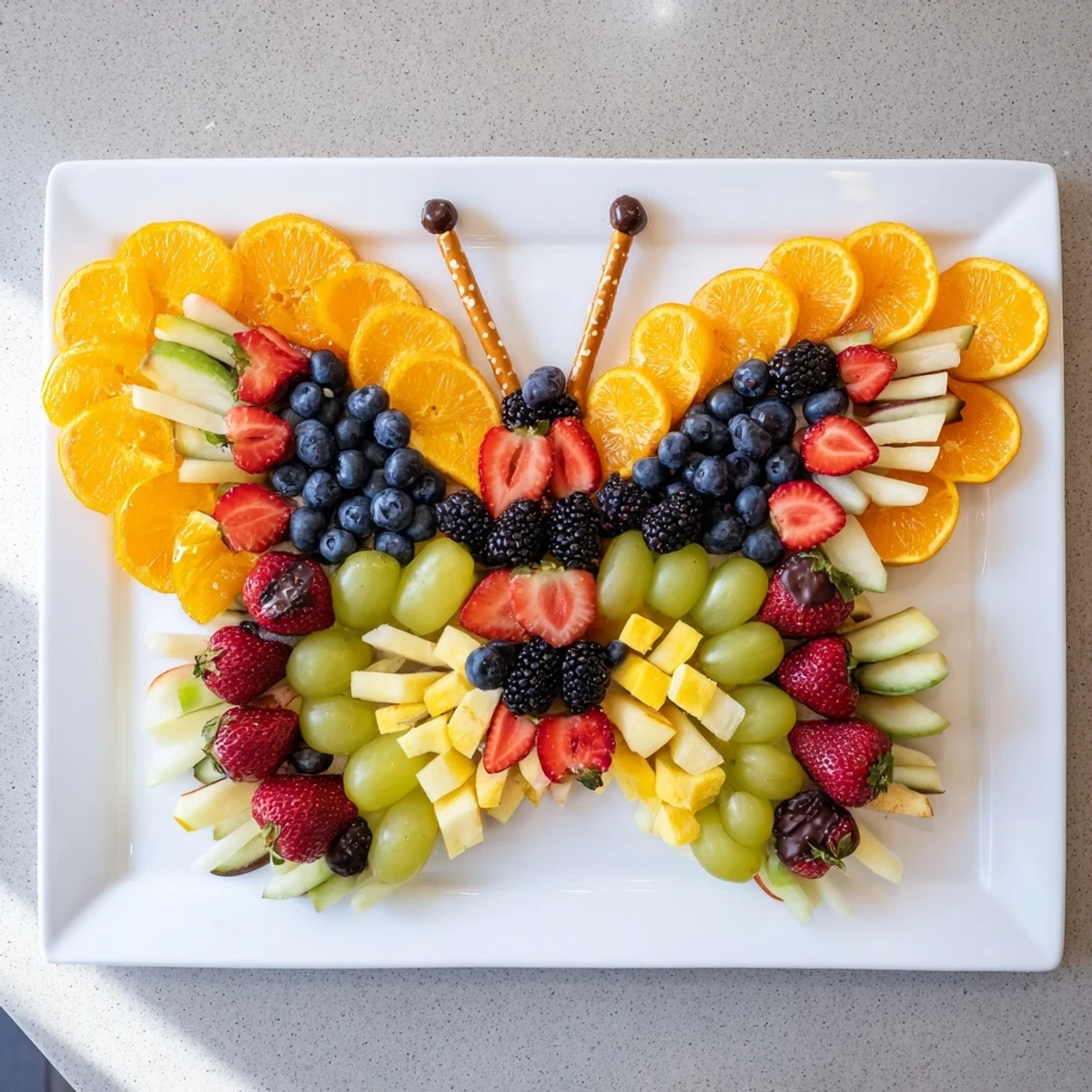 Monarch Magic Fruit Butterfly Tray, a colorful and healthy snack, ready for fun party treats.