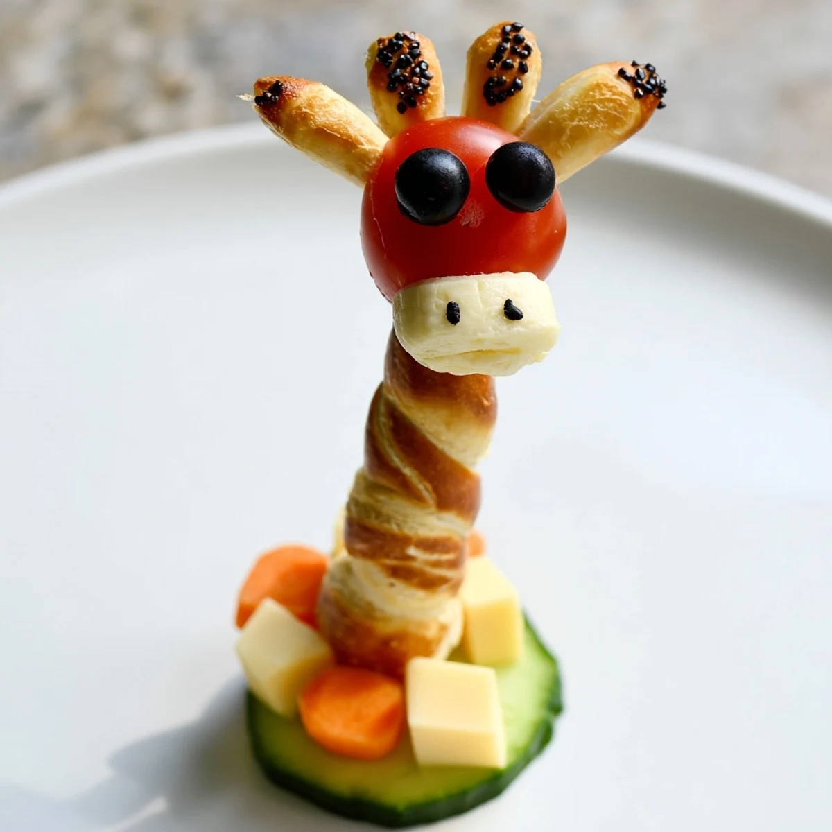 Delightful close-up of a Long-Necked Giraffe Snack Tower, vibrant with fresh fruits, cheese, and vegetables.