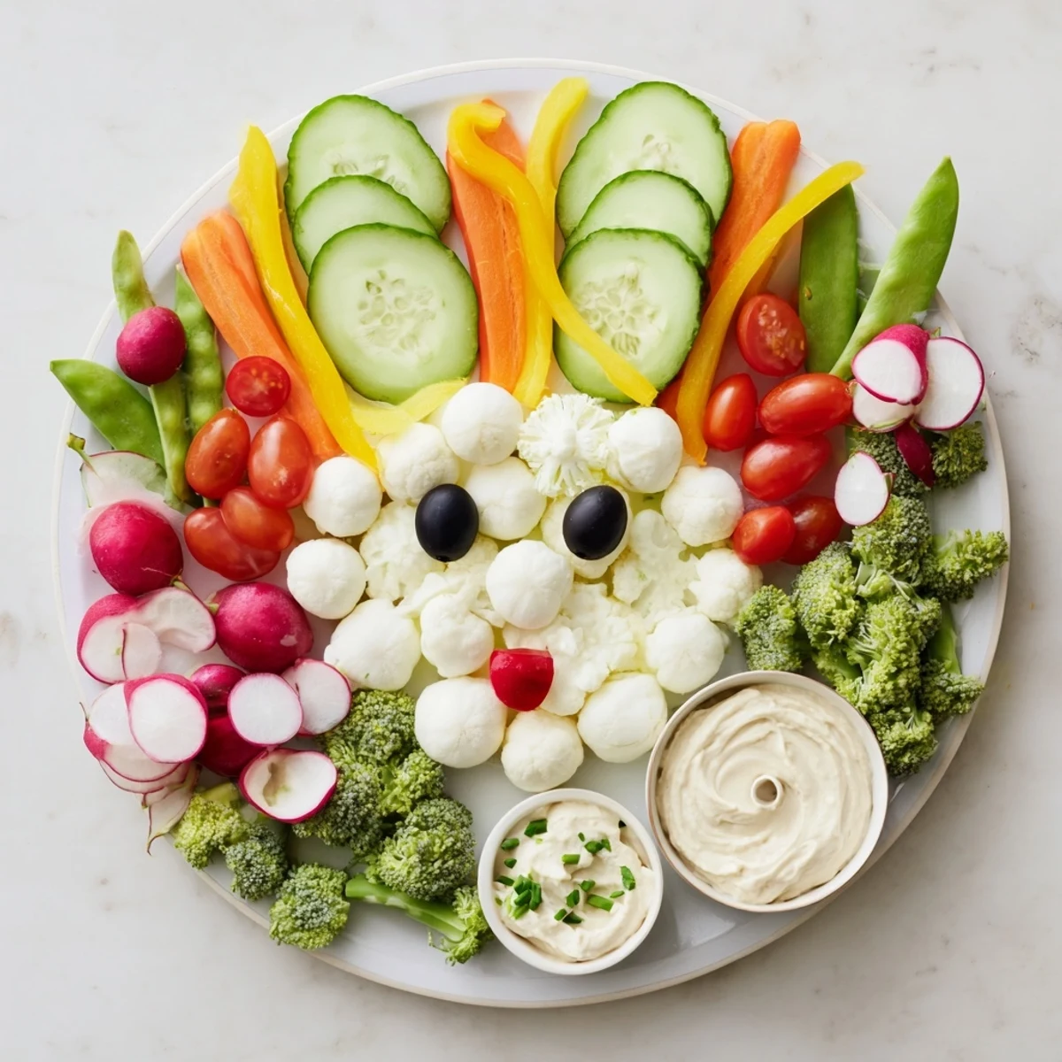 Easter Bunny Spring Platter filled with colorful veggies, hummus, and a creamy ranch dip for sharing.