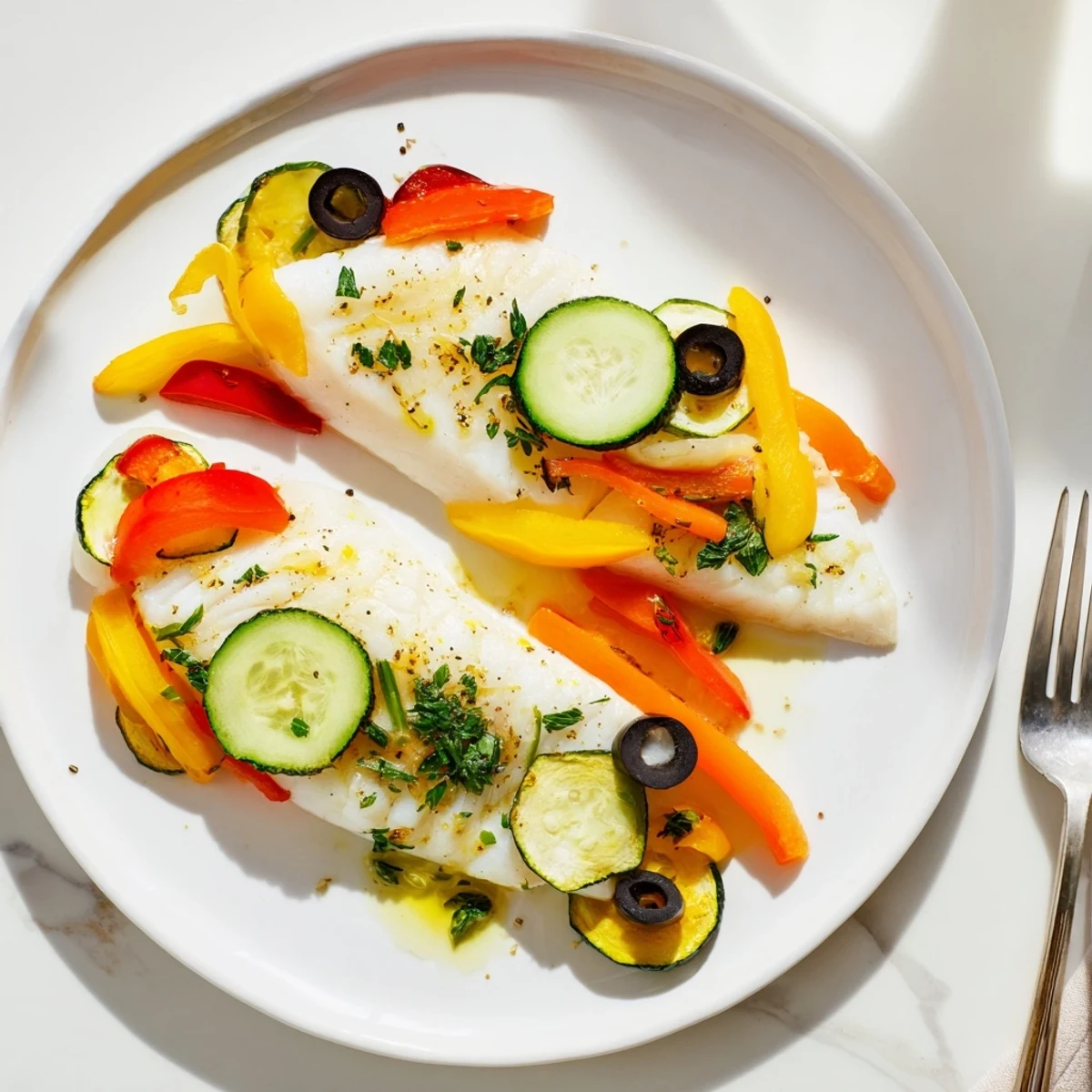 A colorful Light Fish-Shaped Meal, showcasing sliced vegetables as scales, presented on a plate ready for serving.