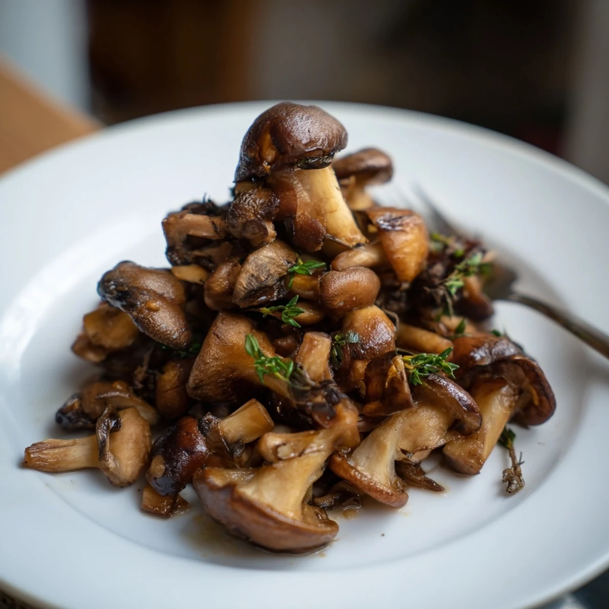 Sizzling Enchanted Forest Mushrooms, golden brown, with fresh herbs and a splash of white wine, ready to serve.