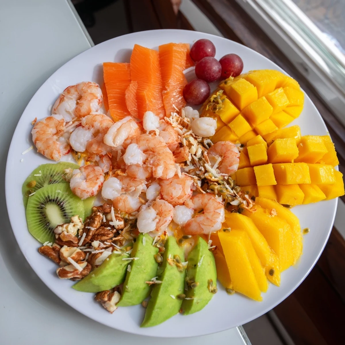 A colorful Tropical Wave Tasting Platter featuring shrimp, mango, and pineapple, perfect for sharing.