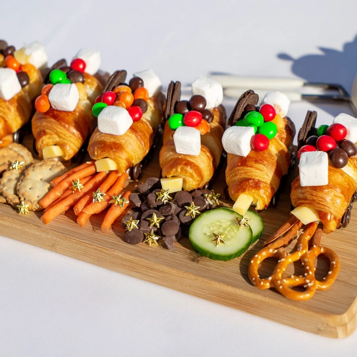 Delightful Polar Express Train Treat Board, with mini marshmallows, pretzels, perfect for festive family snacking.