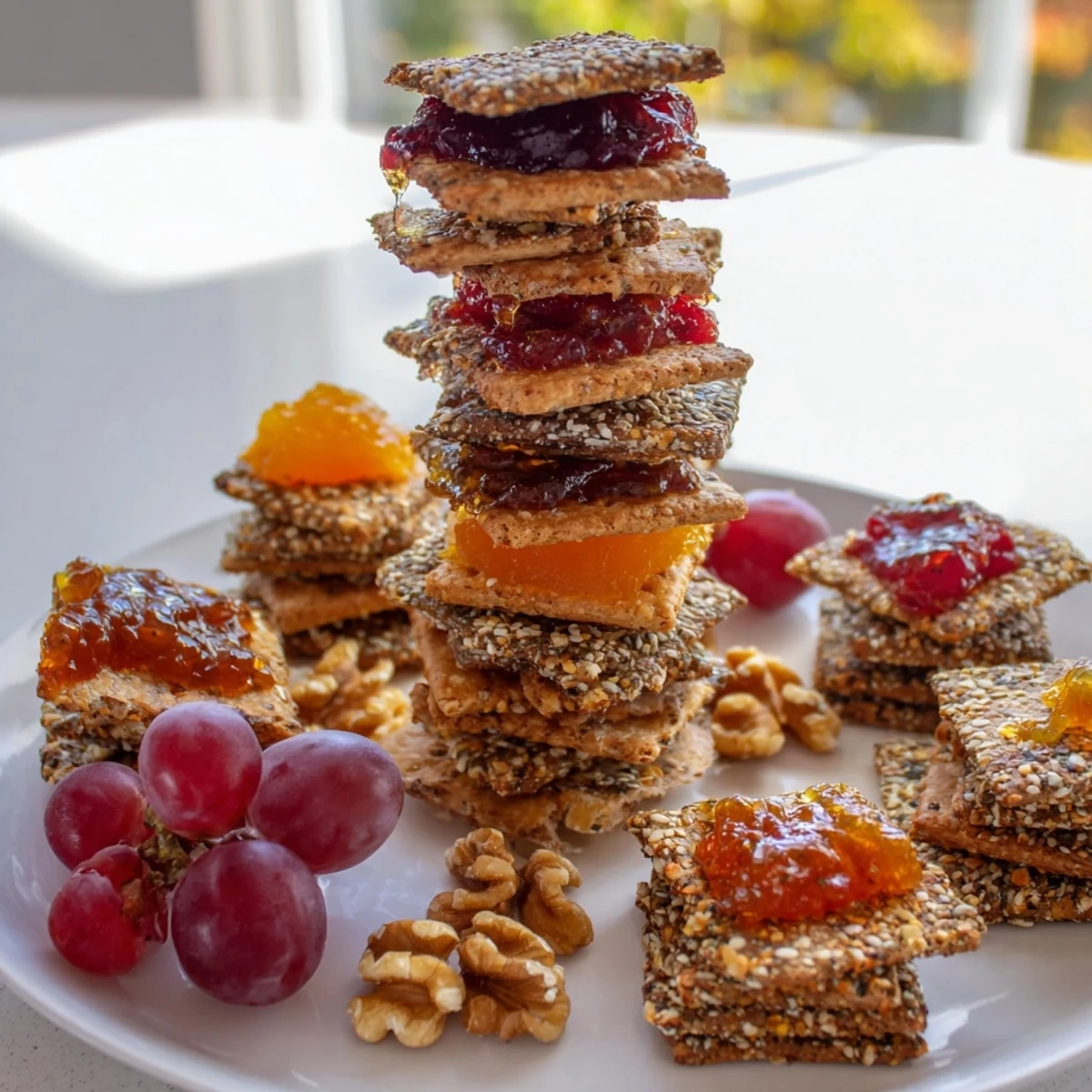 Close-up of assorted gourmet crackers, beautifully matched with fruits and rich red onion marmalade.