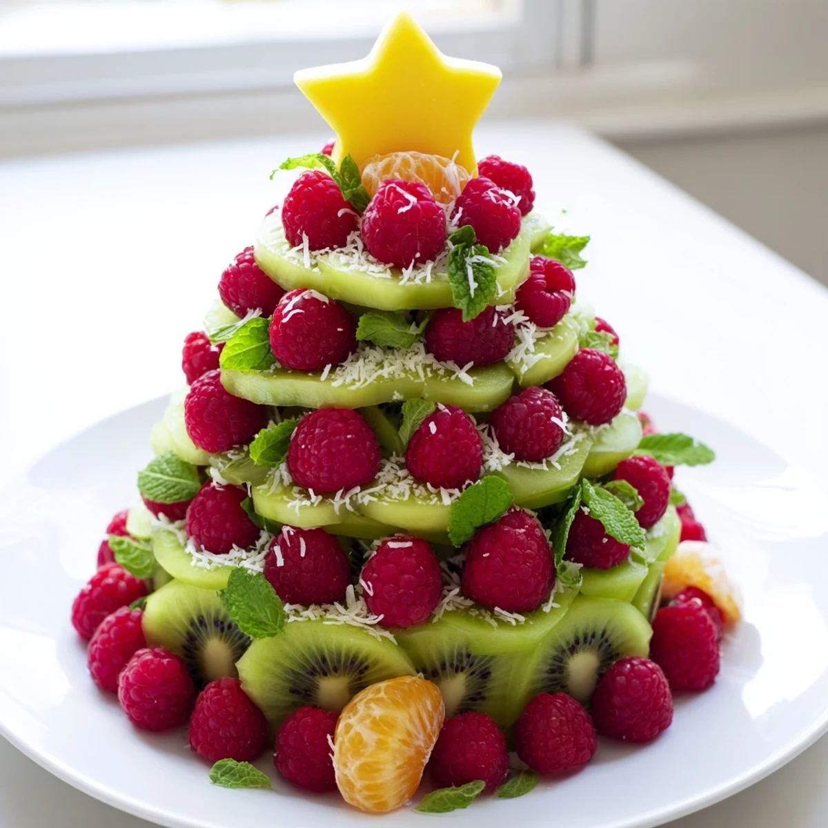 Enjoy this easy, beautiful holiday snack: A Kiwi and raspberry Christmas tree, garnished with coconut.