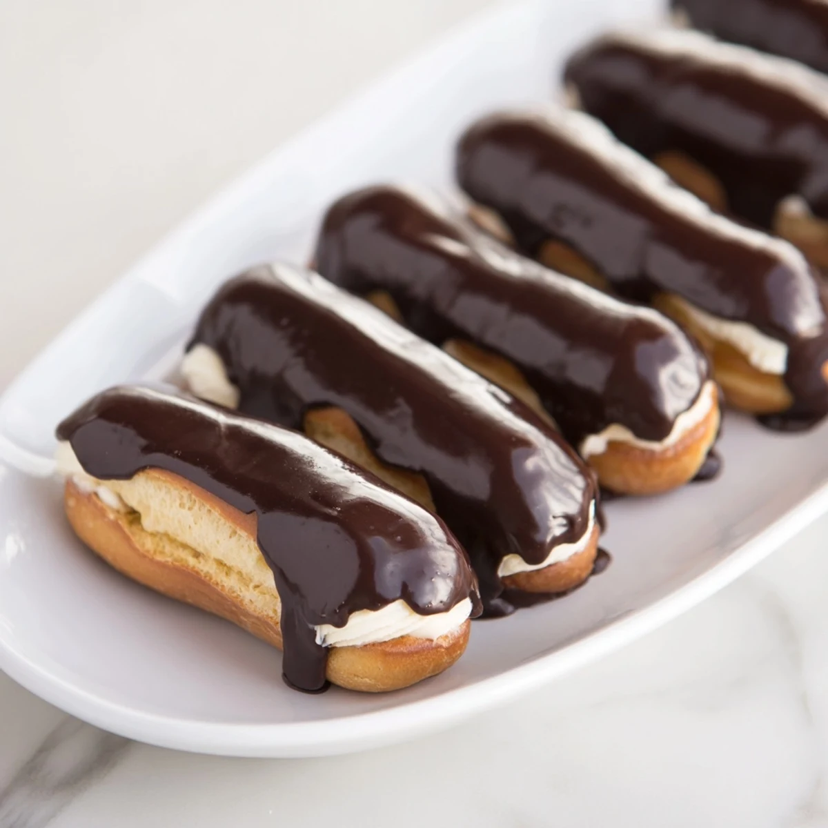 Perfect mini chocolate éclairs, freshly glazed and delicious, ready to indulge your senses.