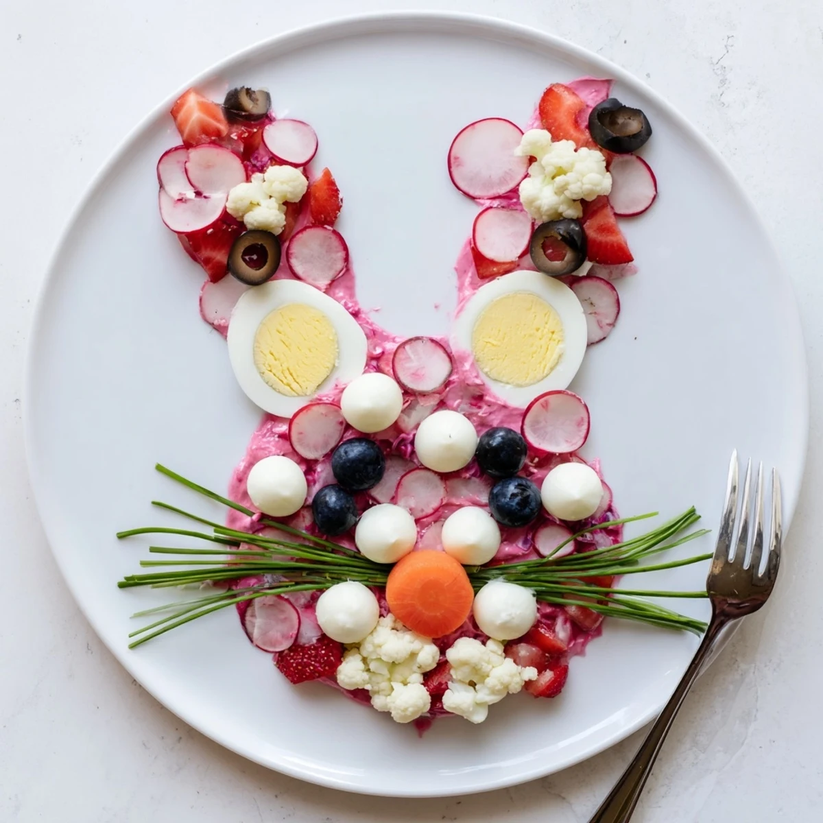 A colorful bunny silhouette platter filled with fresh veggie and fruit arrangements.