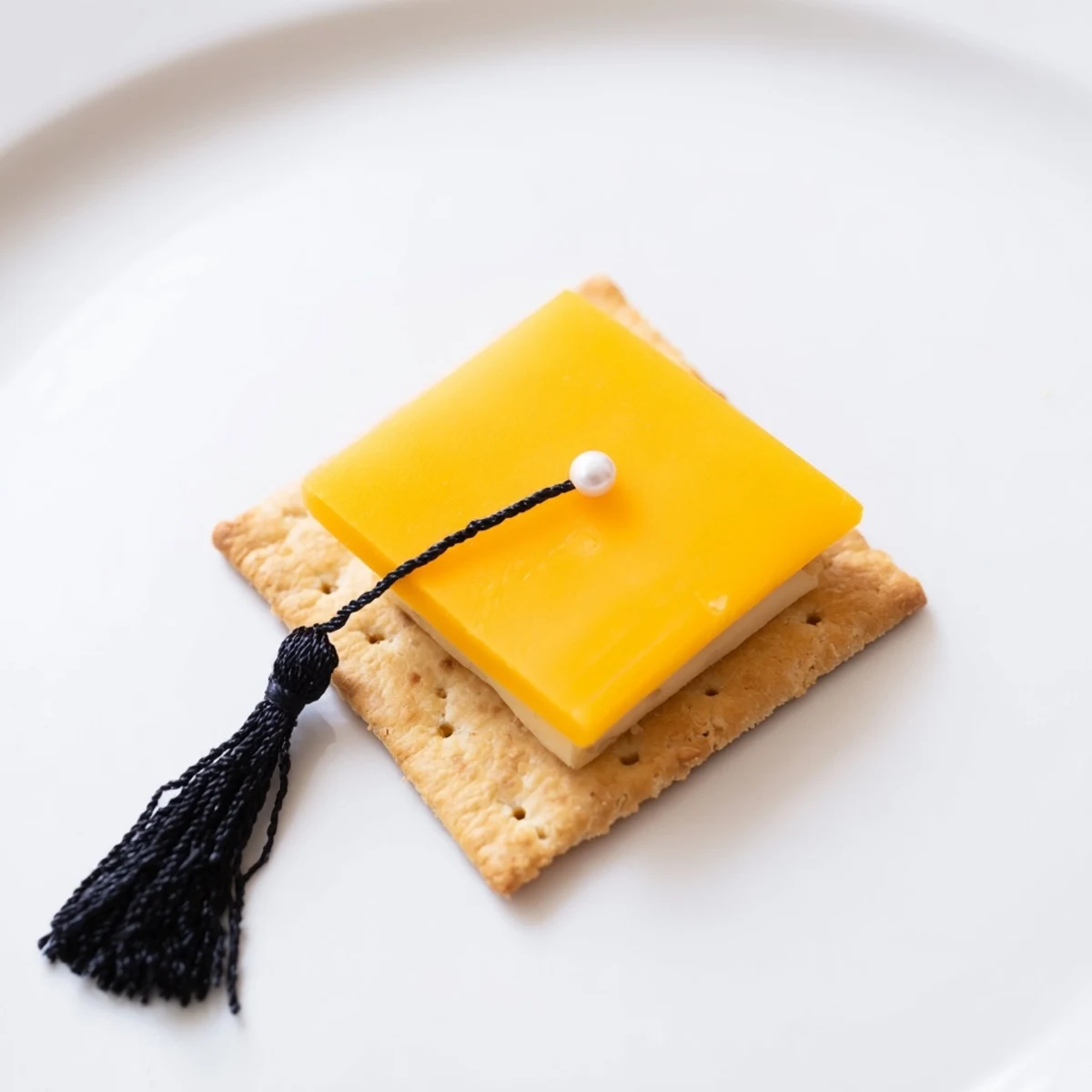 The Graduation Cap Snack: A festive appetizer with cheese caps and licorice tassels, ready to eat.